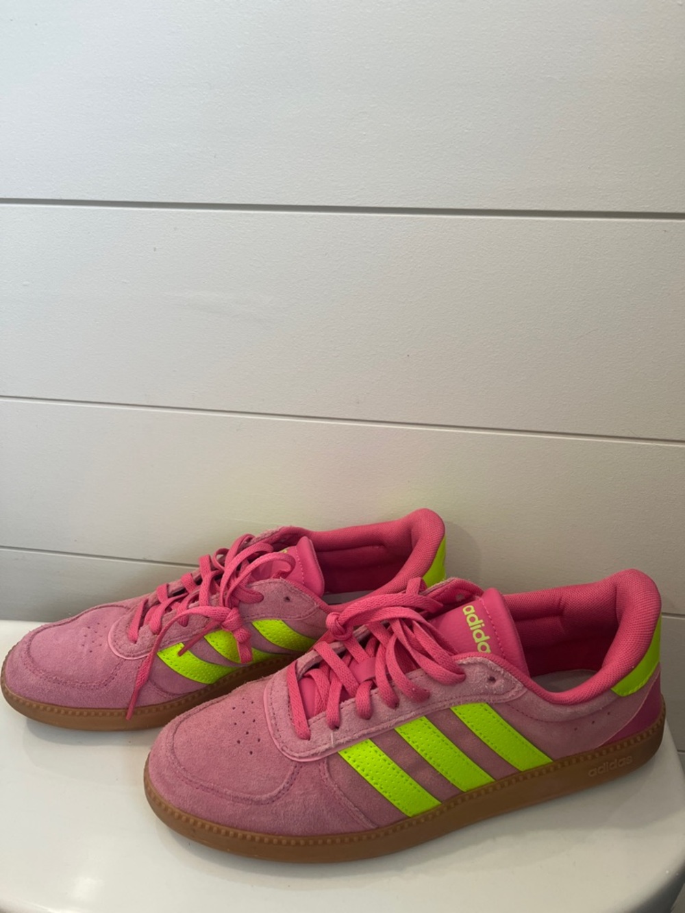 adidas Breaknet Pink Suede Sneakers with Neon Green Stripes